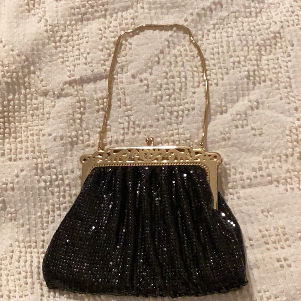 Vintage Whiting & Davis black & gold mesh evening bag-excellent - L5.5" x W6.5"